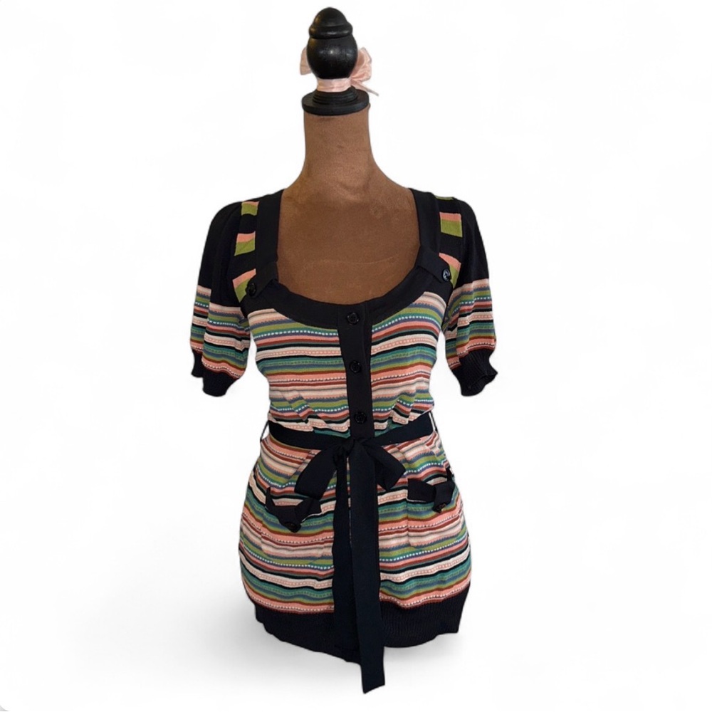 Nanette Lepore Size M Striped Short Sleeve Cardigan with Belt